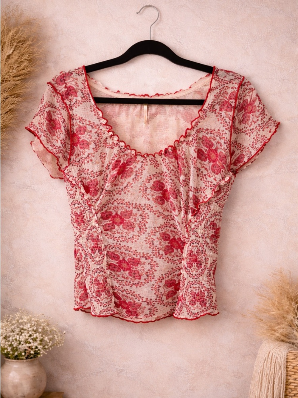 Free People Red Floral Smocked Top | Romantic Mesh Knit | Size L